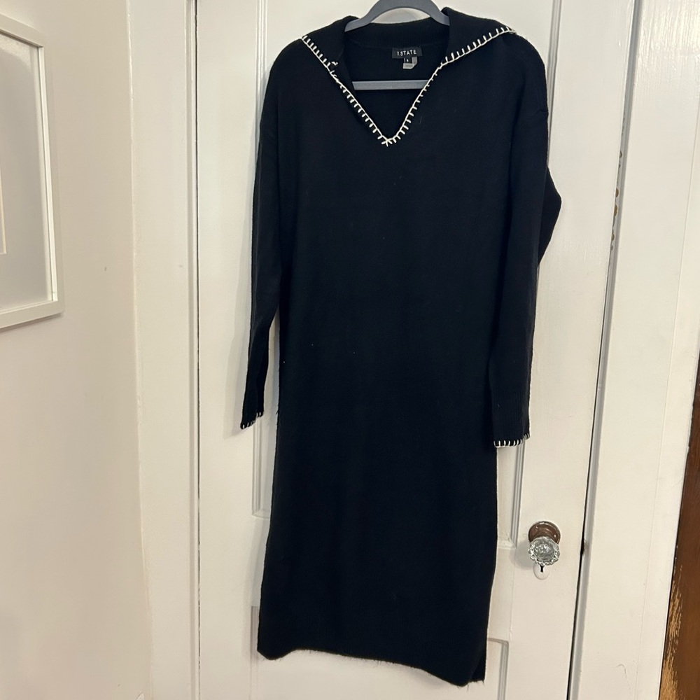 1. STATE Black Sweater Midi Dress Contrast Stitch Collar Size S